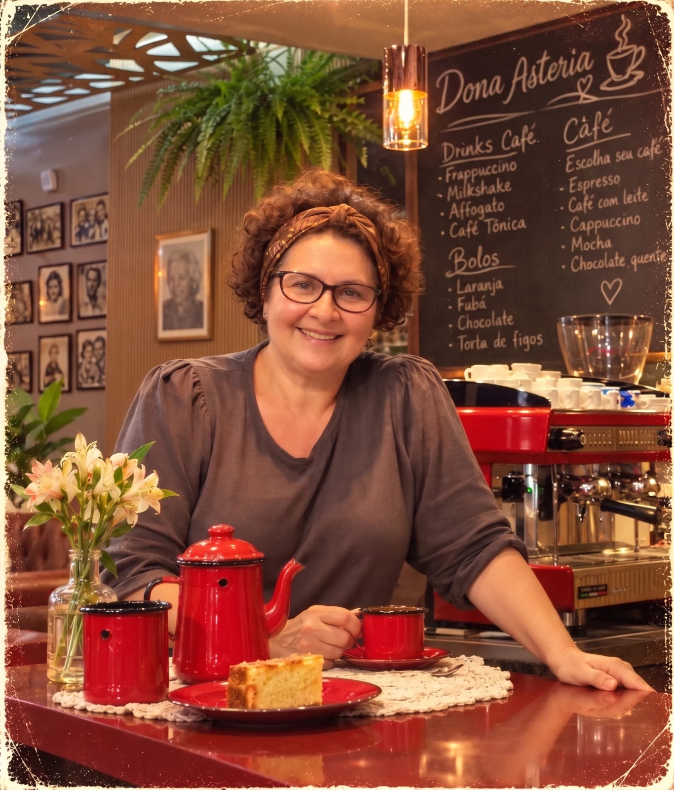 Retrato artístico de Alda Barroso inspirado no ambiente vintage da cafeteria Dona Asteria